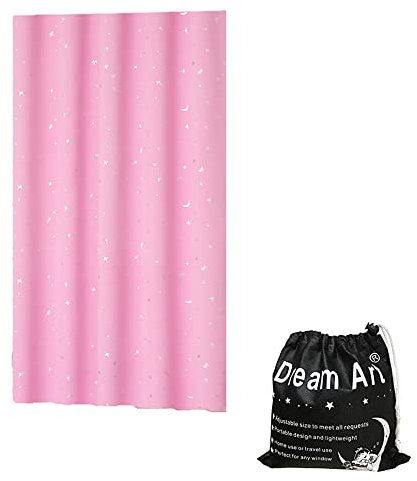 Dream Art Anywhere Temporary Portable Blackout Curtain/Adjustable Blackout Shades Blinds with Suction Cups for Bedroom or Travel Use,Silver Moon& Star Foil Print Pink Curtain,1pc…