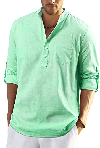 Enlision Herrskjorta i bomullslinne, långärmad Henley-skjorta med knappar, casual, hawaiiansk, enfärgad t-shirt för män, inomhus, strand, hippie, XL