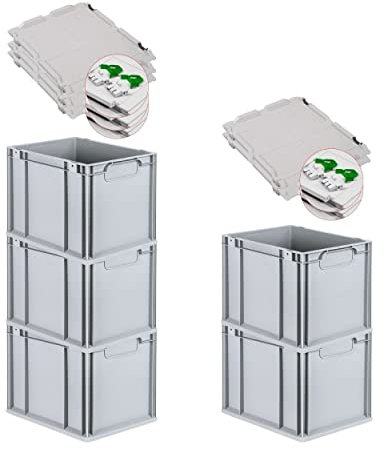 PROREGAL SuperSparSet 5x Eurobox NextGen Economy mit Scharnierdeckel & grünen Verschlüssen | Griffe geschlossen | HxBxT 32x30x40cm | 30 Liter | Eurobehälter Transportbox Transportbehälter