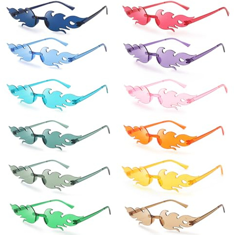 SXCCNW Party Glasses - 12 PCS Flame Sunglasses, Festival & Retro Styles, Funky & Hippie Rimless Glasses for Men & Women - Masquerade Party Decoration - 13.7 x 3 cm - 12 Colors