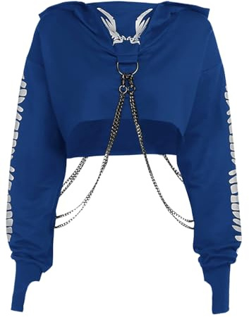 Y2k Gothic Hoodies for Women Hooded Long Sleeve Crop Tops Halloween Printing Sweatshirt with Chain Blue XXL