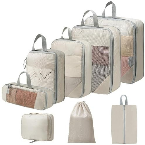 Koffer Organizer Set 8-teilig, Komprimierbaren Packwürfeln zur Organisation Ihres Reisegepäcks, Compression Packing Cube, Koffer Organizer für Urlaub und Reisen, Ordnungssystem für Koffer (Beige)