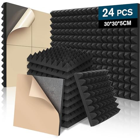 24 Pack Acoustic Foam Panels with Self Adhesive, 12”x12“x2” Soundproofing Panels for Walls, Full Frequency Sound Absorption and Noise Reduction Flame Retardant Wall Stickers for Home, Studio (Black)