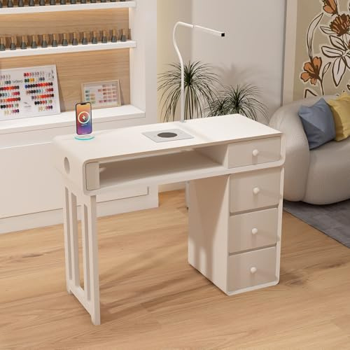 80 cm Table de Manucure Professionnelle – Table Onglerie avec Aspirateur, Éclairage Caché, Charge Sans Fil et Système de Collecte de Poussière, Idéale pour Salons de Manucure et Usage Domestique