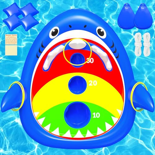 LUVTOY Piscina Gonfiabile Bambini, Gioco di Lancio degli Anelli A Forma di Squalo, Materassino Gonfiabile Piscina in PVC Spesso, 4 Sacchi di Sabbia E 5 Anelli, Giochi Estivi per Bambini E Adulti