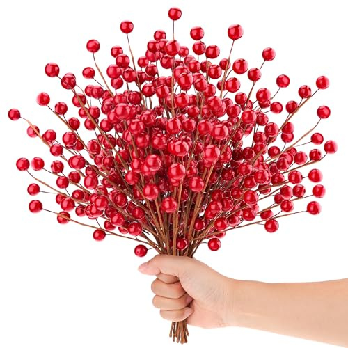 Quancru 10 Pcs Artificial Red Berries Stems 13.5 Christmas Holly Berry Branches Fake Pomegranate for Home Holiday Wedding New Year Wreath DIY Crafts Vase Floral Picks Decorations