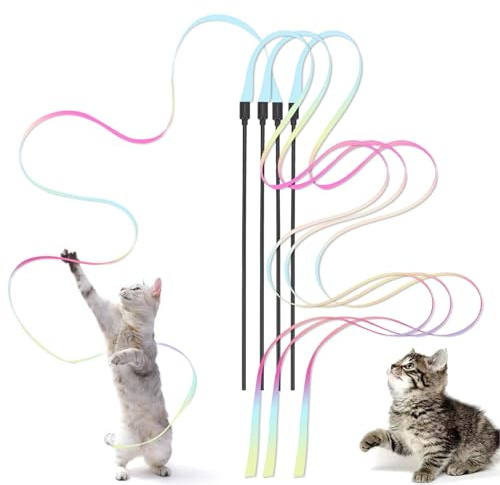 Kzouenzu Lot De 4 Jouets pour Chat, Jouets pour Chat avec Baguette Interactive, Ruban Arc en Ciel De 60 Cm, Jouet De Dressage pour Chat - Accessoire Interactif pour Intérieur [Nuages]