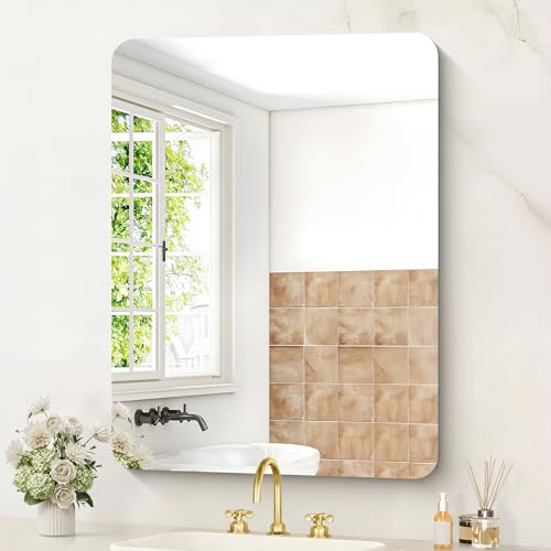 KOCUUY Espejo de baño Rectangular sin Marco, Espejo de Pared de 60 x 80 cm, Espejo con Cristal irrompible, reflexión HD, Esquinas Redondeadas, Adecuado para baños, dormitorios o vestidores.