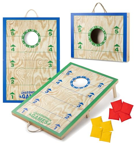 Grasshopper Games Cornhole, Tablas Plegables de Madera FSC con Asas de Transporte, Juego de Lanzamiento de puf con 8 Bolsas, Juego Familiar de jardín al Aire Libre para Todas Las Edades