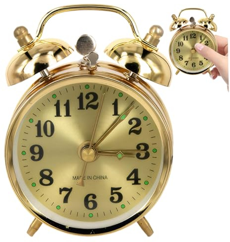 Despertador de cuerda sin pilas, pequeño reloj despertador mecánico dorado vintage de 7 cm con campanas dobles, relojes de escritorio silenciosos retro para dormitorio, habitaciones de niños