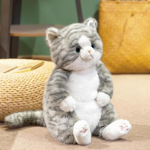 shownicer Peluche chat assis en peluche - 45 cm - Simulation de poils courts - Joli chat élégant - Coussin décoratif - Cadeau pour enfants, adultes et amis (gris, 45 cm)