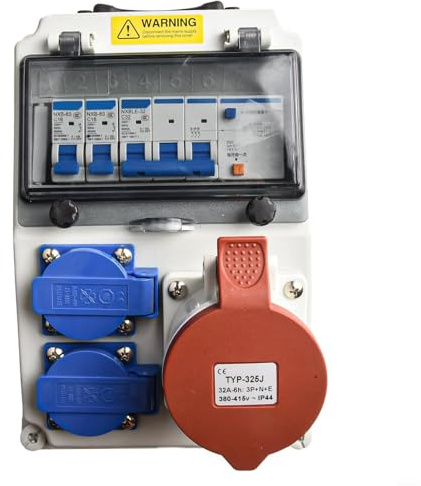 IP65 byggströmsfördelare väggmontering med FI-strömbrytare, 2 x skyddskontakt 10 A & 1 x för cee 400 V 32 A, vattentät distributionslåda för utomhus- och inomhusbruk