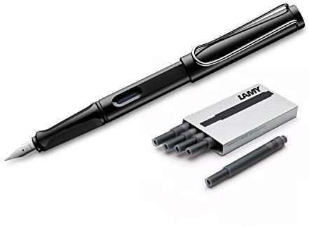 LAMY Safari Fountain Pen (19M) Black & 5 Black Ink Cartridges (LT10BK, L19BKM)