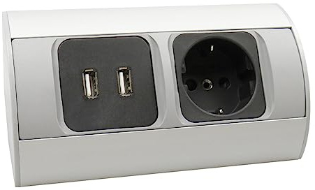 kalb | Uttag för möbler aluminium med 2x USB-A hörn kök bänkskiva EU 230V utanpåliggande montering