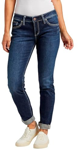 Silver Jeans Co. Women's Boyfriend Mid Rise Slim Leg Jeans, Deep Dark Indigo Wash, 30W x 29L
