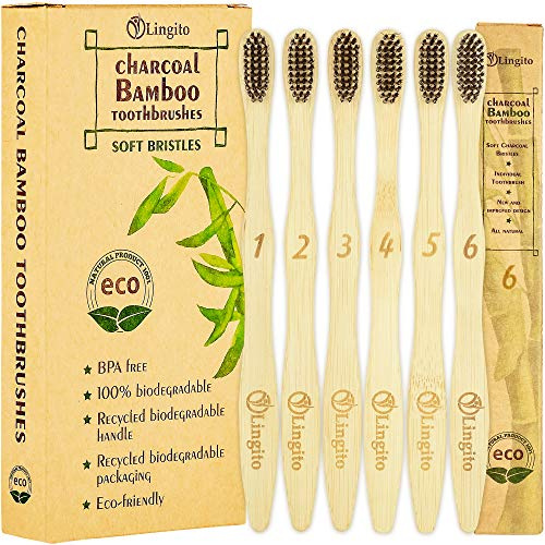 Lingito Confezione da 6 spazzolini da denti in bambù al carbone naturale, setole morbide senza BPA, compostabili, ecologici, naturali, biologici e vegani, confezionati singolarmente e numerati