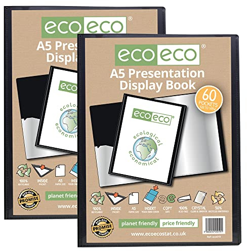 eco-eco Eco019x2 - Cuaderno de presentación de 60 bolsillos, tamaño A5, 50% reciclado, color negro, estuche de almacenamiento, carpeta de arte con fundas de plástico, paquete de 2
