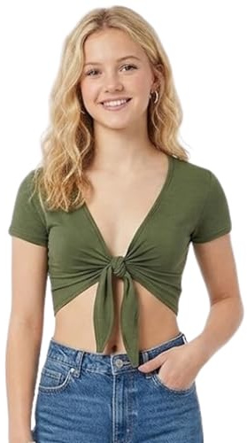 Women’s Tie Up Crop Top Short Sleeve Bolero Shrug Cardigan Ladies Cap Sleeve V Neck Front Knot Cropped Top Khaki UK 12-14