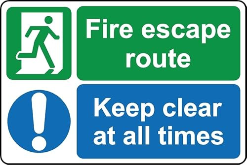 Fire escape route keep clear at all times safety sign - 1mm Plastic sign (300mm x 200mm)