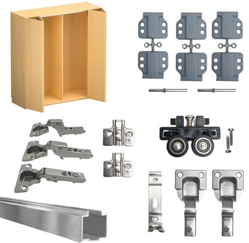 Evotrade Kit de herrajes para armarios plegables compuestos por 2 pares de puertas – Juego completo de bisagras con cierre suave con cuello alto, bisagras de poliamida, riel de 2 m y grupo carro