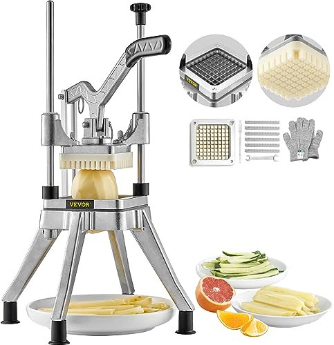 VEVOR Kartoffelschneider Pommes Frites Schneider 3/8 Zoll, Frittenschneider Gemüseschneider Kommerzieller Zerkleinerer Obstschneidemaschine mit 2 Ersatzklingen, Edelstahl Zerhacker Salat, Früchte