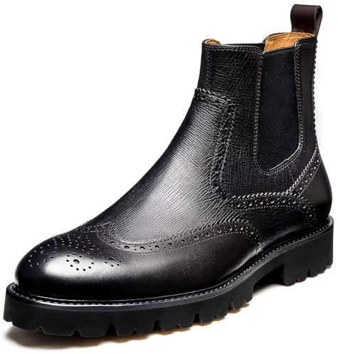 Jepsen Gord Men's Chelsea Boots Genuine Cowhide Leather Wingtip Dress Boots with Brogue Classic Ankle Boots for Casual and Formal Wear, Black, 11