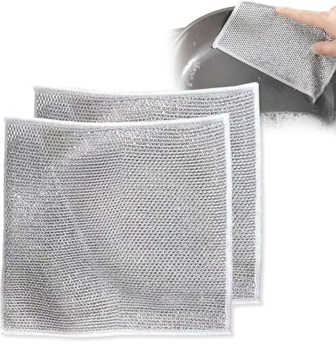 Lot de 2 chiffons de nettoyage multifonctionnels anti-rayures en maille métallique argentée pour vaisselle, éviers, comptoirs, plaques de cuisson, rinçage facile, lavable en machine