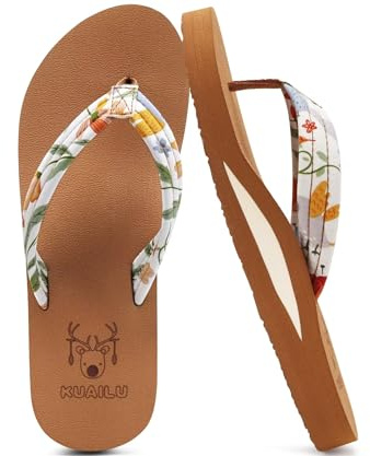 KuaiLu Womens Yoga Mat Flip Flops Comfortable Arch Support Ladies Summer Beach Pool Cushion Walking Thong Sandals Orthotic Slip on Outdoor Slides Travel Essentials Outfits Slippers Shoe Beige Size 8.5