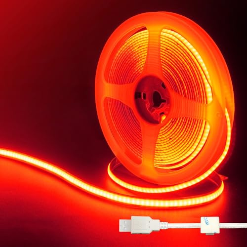 Clearhill 5V USB COB LED-ljusslinga, 9,84 fot/3 m, röd, 320 lysdioder/m, 8 mm bredd, 1 m USB-kabel, flexibel LED-tejp för gör-det-själv-heminredning inomhus