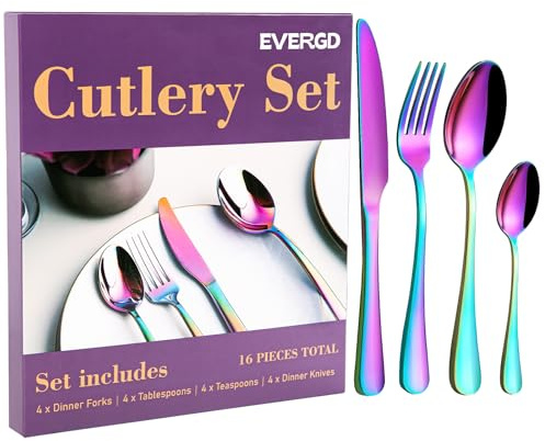 Rainbow Cutlery Set -EVERGD 16 Pieces Stainless Steel Flatware Set with Iridescent Finish Dinner Knives, Forks, Spoons, Service for 4, Dishwasher Safe Tableware for Home Party