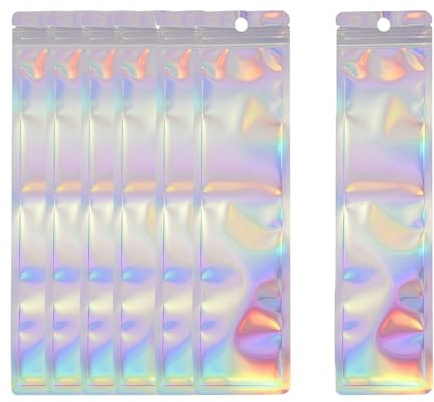 Upstore 100 Pcs Reusable Holographic Aluminum Foil Zipper Storage Bags for Pen, Jewelry, Cosmetic & Small Business Supplies (2.4 x 9 inch)