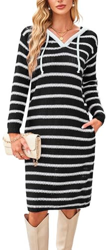 VOGMATE Strickkleid Damen Langarm Sweatshirt Hoodie Kleid Lang Pulloverkleid mit Kapuze Wollkleid Streifen Casual Sweater Dress for Women Tunika Kleid Taschen