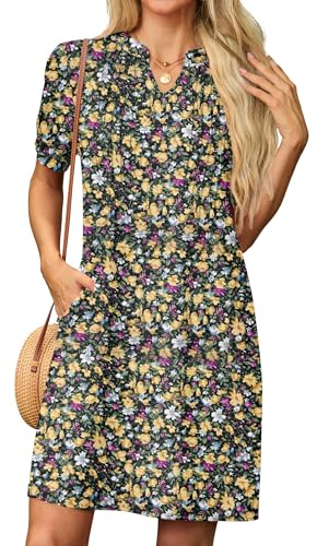 GRECERELLE Damklänningar sommar ledig kort ärm v-ringad shift-klänning för dam dam T-shirt klänning med fickor, Svart med gul blomma, L