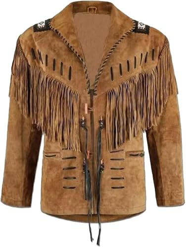 Fami Sports Men's Traditional Cowboy Western Jacket | Native American Suede Leather | Classic Style With Beads, Fringes & Bones Work (UK, Alpha, XXL, Regular, Regular, Brown)