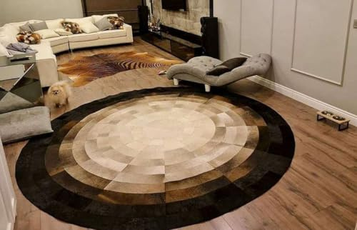 SN ALEFHOME Round Faux Cowhide Leather Rug – Concentric Rings Western Rustic Boho Farmhouse Southwestern Lodge Accent Rug for Living Room, Office & Home Décor, (Brown & White, 10×10ft)