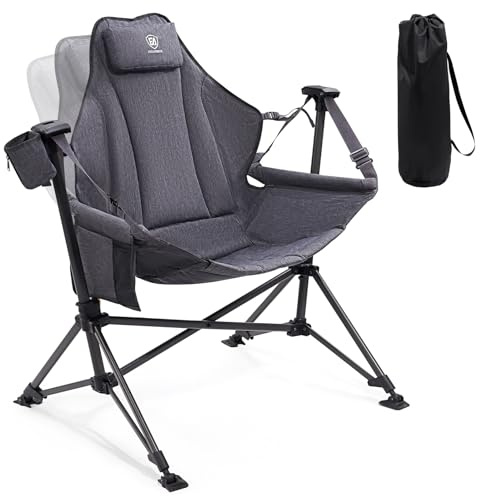 EVER ADVANCED hängmatta, campingstol för vuxna, kraftig, hopfällbar gungstol, överdimensionerad 180 kg med sidoficka, vadderad kudde och avtagbar kopphållare för inomhus- och utomhusbruk, grå