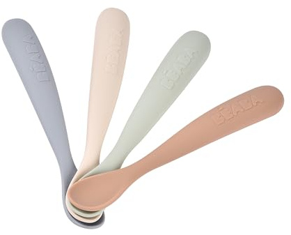 BÉABA, Lot de 4 Cuillères en Silicone Bébé/Enfant 1er Âge - Dès 4 mois, Souple - Bout arrondi - Manche long et Ergonomique, Finition Anti Poussière, Silicone non collant, Natural
