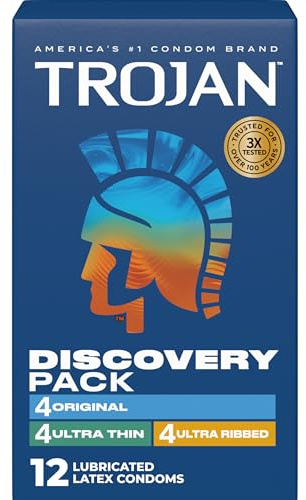 Trojan Discovery Pack, Assorted Latex Lubricated Condoms for Men, Original, Ultra Thin & Ultra Ribbed Varieties, 12 Count