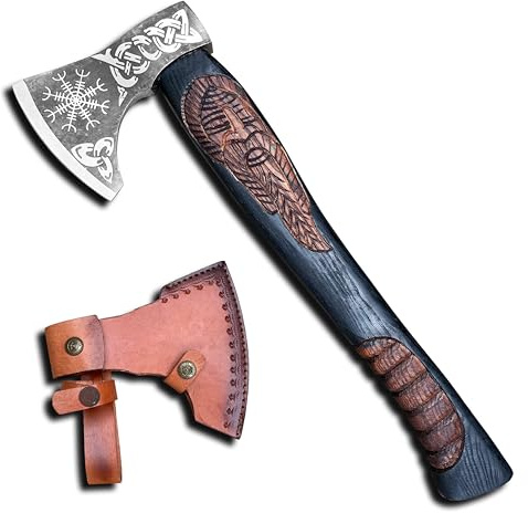 Novahaven Ragnarök – Handgeschmiedete Outdoor Axt 22 Zoll – Geschenk & Sammlerstück aus Carbonstahl mit geschnitztem Eschenholzgriff, Wolf- & Drachendesign, Lederscheide für Camping