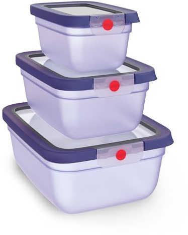 EMSA oneClick, Vorratsdosen, One-Click-System, Hält Lebensmittel 2x länger frisch, 100% auslaufsicher, Made in Germany, Violett, 3-teiliges Space Saving Plus Set, 0,75 L/1,50 L/3,0 L, N1231900