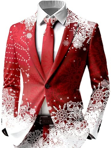 Chaqueta de Navidad para hombre con diseño de copo de nieve, chaqueta de traje festiva en rojo para las vacaciones | Blazer divertido para la fiesta de Navidad corporativa o fiesta temática, Style_v03