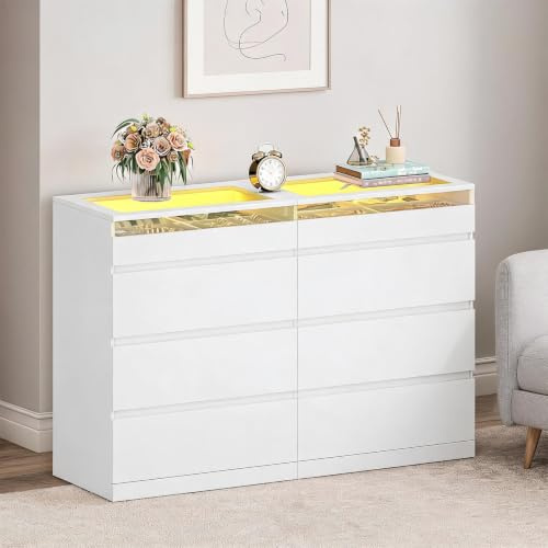 Hzuaneri Commode 40 x 120 x 80 Blanc LED RGB multiprise 8 tiroirs | 8 tiroirs,Éclairage RGB personnalisable, plateau en verre trempé. Meuble d’appoint pour salon, chambre, entrée.1212003XEU