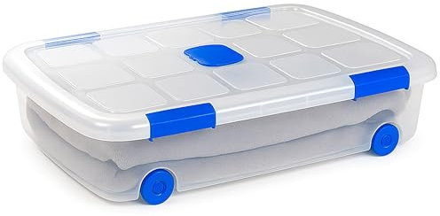 ForenTex Caja Almacenaje Plástico 41L con Tapa y Cierres (N12) – Transparente, Apilable, para Edredones, Mantas, Ropa de Cama y Decoración Estacional