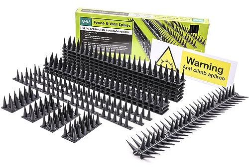 S4U Fence Wall Spikes Garden Tall Bird Spikes Cat Pigeon Deterrent Coverage of Approx.16M Per Box Anti Climb 44 x 4.3 x 3.8cm Warning Sign Included & Screws (Black 24pcs)