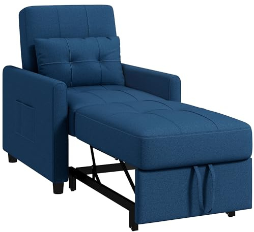 HOMCOM Compact Single Chair Bed, Pull Out Bed, Convertible Sleeper Chair with Adjustable Backrest, Pillow, Side Pockets for Home Office, Bedroom, Living Room, Blue