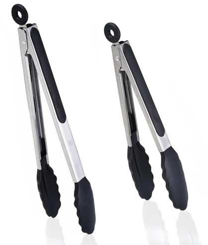 Pack of 2 Air Fryer Tong Set, 9 Inch & 12 Inch Silicone Kitchen Tongs, Non Stick with Locking Clip for Cooking, Salad, BBQ (Black)
