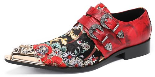Mens Loafers Slip On Leather Wedding Dress Metal-Tip Toe Double Buckle Monk Strap Loafers Fashion Casual Party Ballroom Western Mocassins Tuxedo Summer Shoes Red 13 US