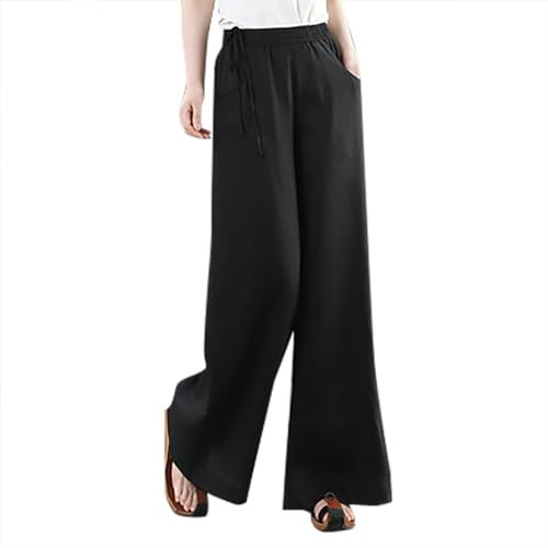 Schnürhose Für Damen Aus Baumwolle Und Leinen, Einfarbige Hose Mit Weitem Bein Und Hoher Taille, Wide Leg Pants Women Elegante Schicke, , Sommerhose Lockere Lässige, Günstig Leinenhose Leicht Luftig