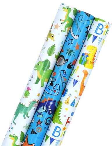 3 Rollos de Papel de Regalo de Dinosaurio, 43 cm x 3 m, Papel de Regalo Reciclable para Niños, para Cumpleaños, Baby Shower, Fiesta, Decoraciones Festivas