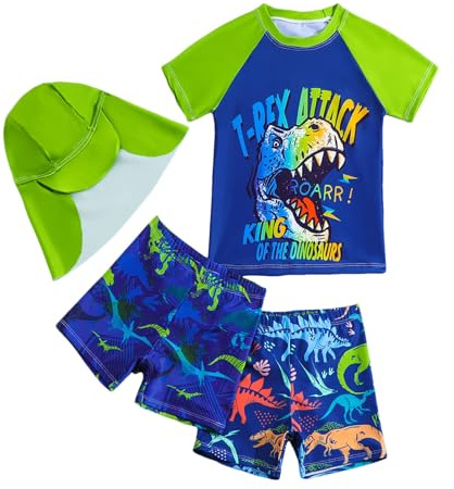 Maillot De Bain Enfant Garcon 2-7 Ans Dinosaure Ensemble 4 Pieces Maillot De Bain Anti UV Tankini Rashguards Manche Courte Et 2pc Shorty avec Chapeau Plage Sport Natation Piscine (4-5 Ans, Bleu)